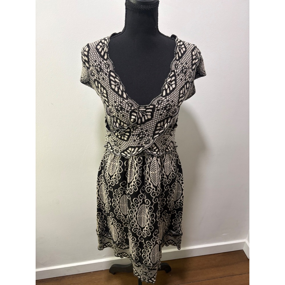 Anthropologie Knitted & Knotted Women's S Florry Wool Sweater Dress Black Cream